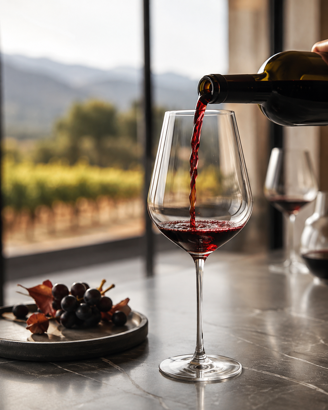 Wine poured overlooking a vineyard